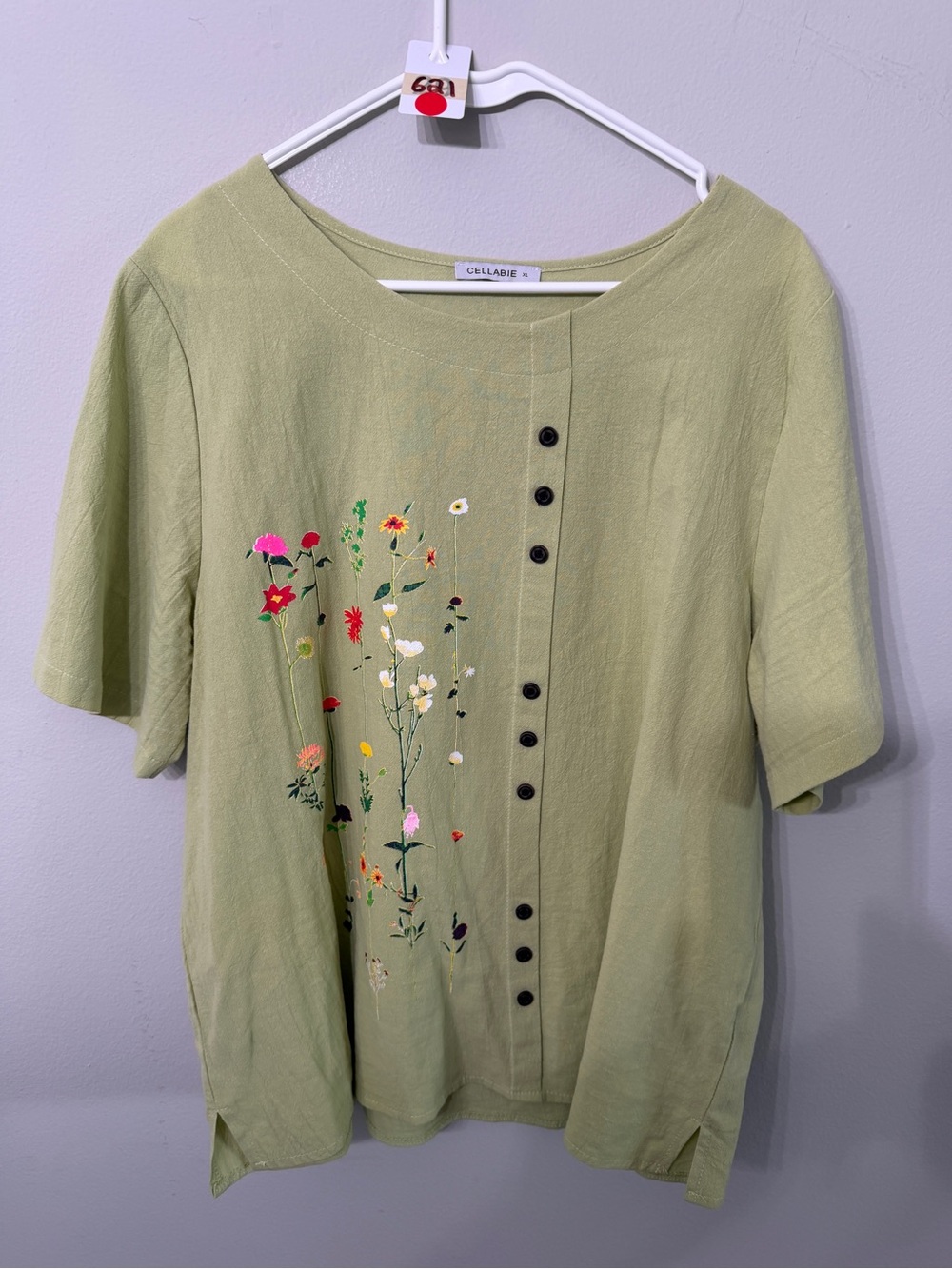 Cellabie Light Green Painted Linen Blend Top Size XL